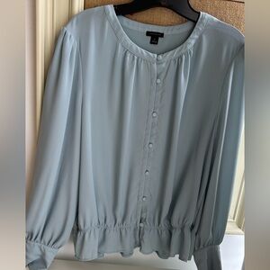 Ann Taylor Green Gray Ruffled Blouse with Peter Pan Collar